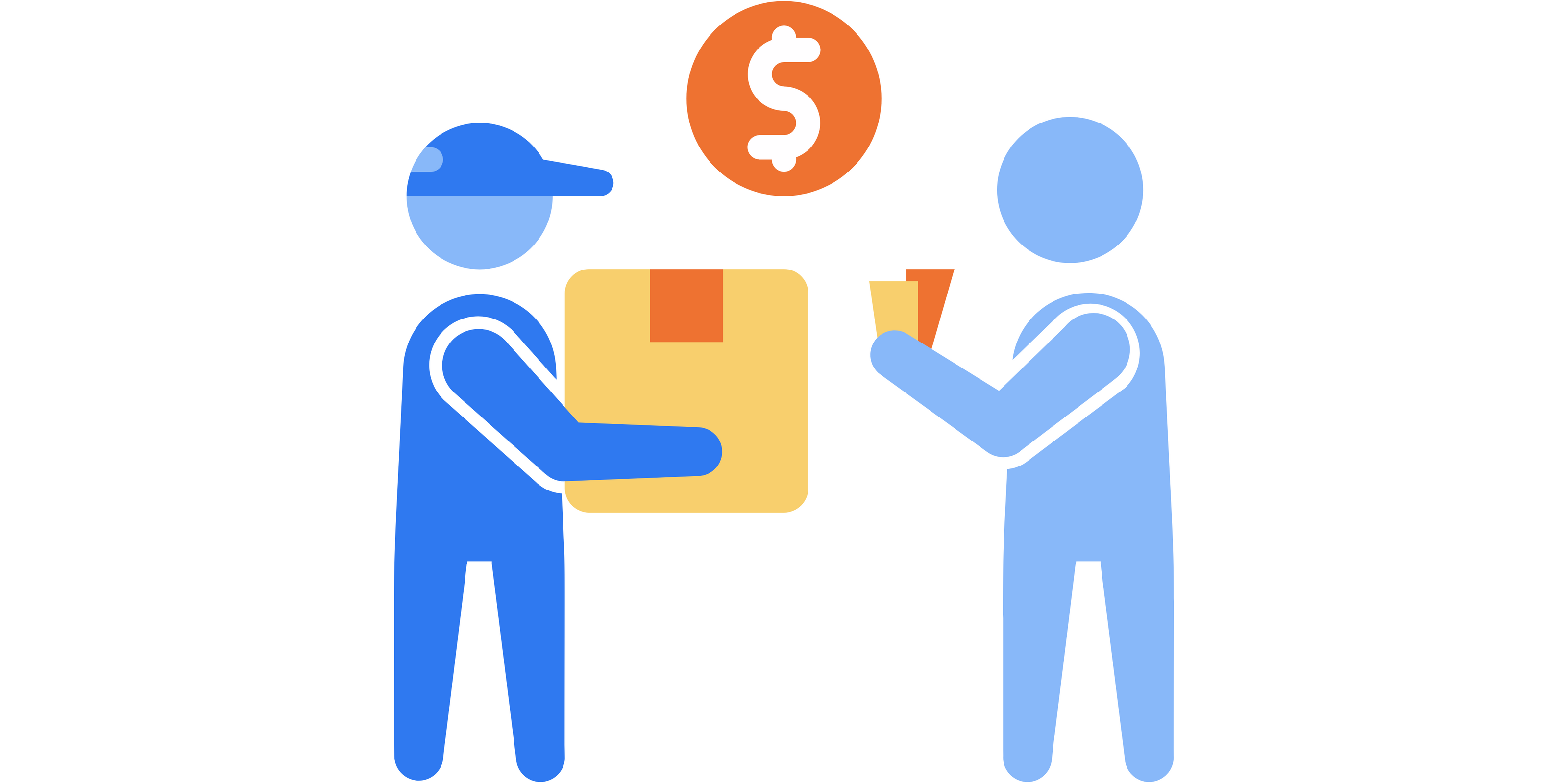 PNG sous forme d'icone montrant un livreur qui a la commande en main, avec un client tenant l'argent en main. Ce qui indique le moyen "paiement à la livraison"