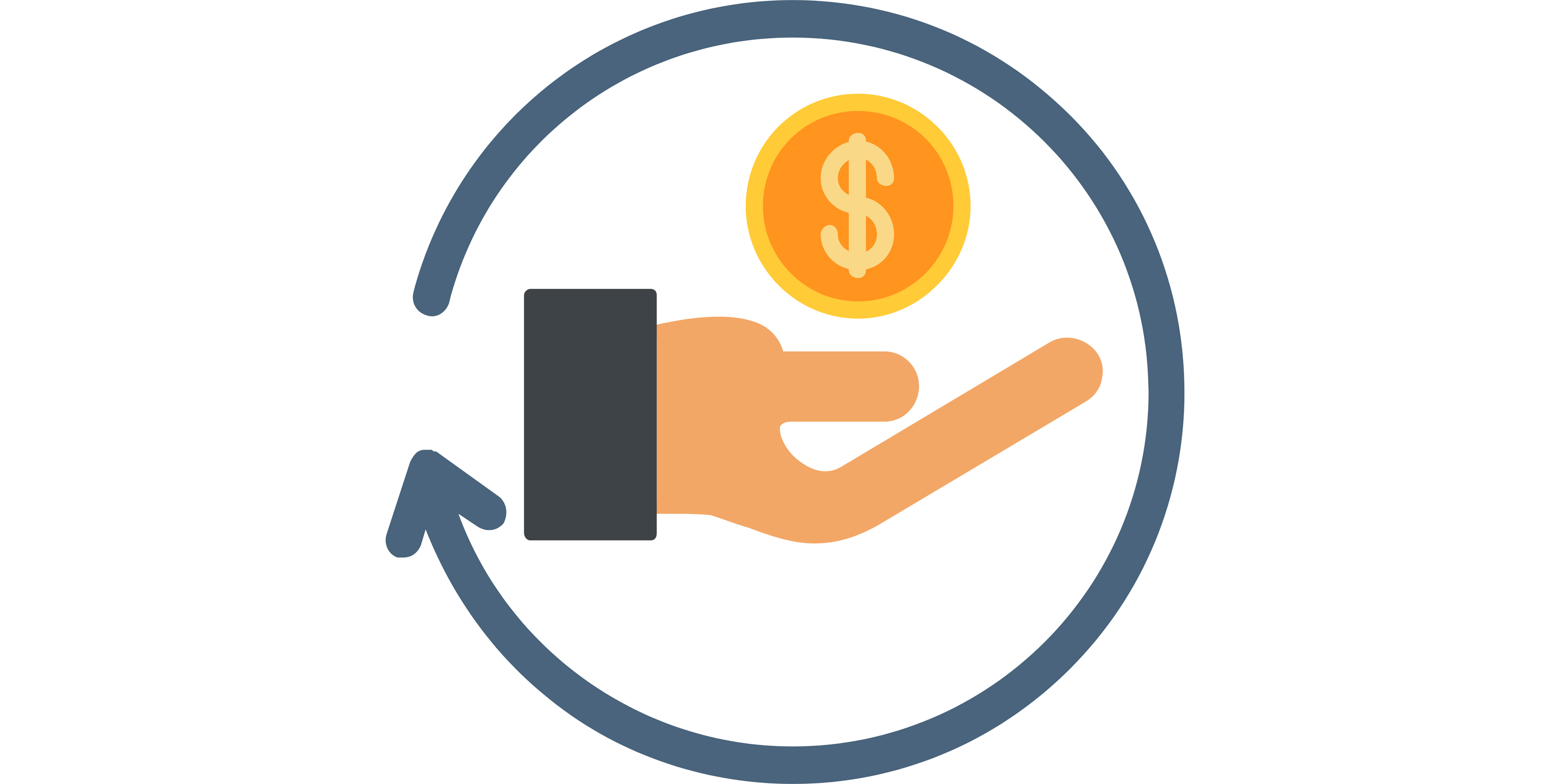 PNG sous forme d'icone qui montre une main qui position de réception de monnaie et une flèche qui entoure la main à 360 degrés, Indiquant la possibilité d'un remboursement garantie 
